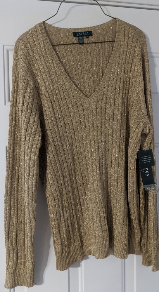 Ralph Lauren Women's Size 3x gold  glitter Vneck sweater NWT/SFPF home